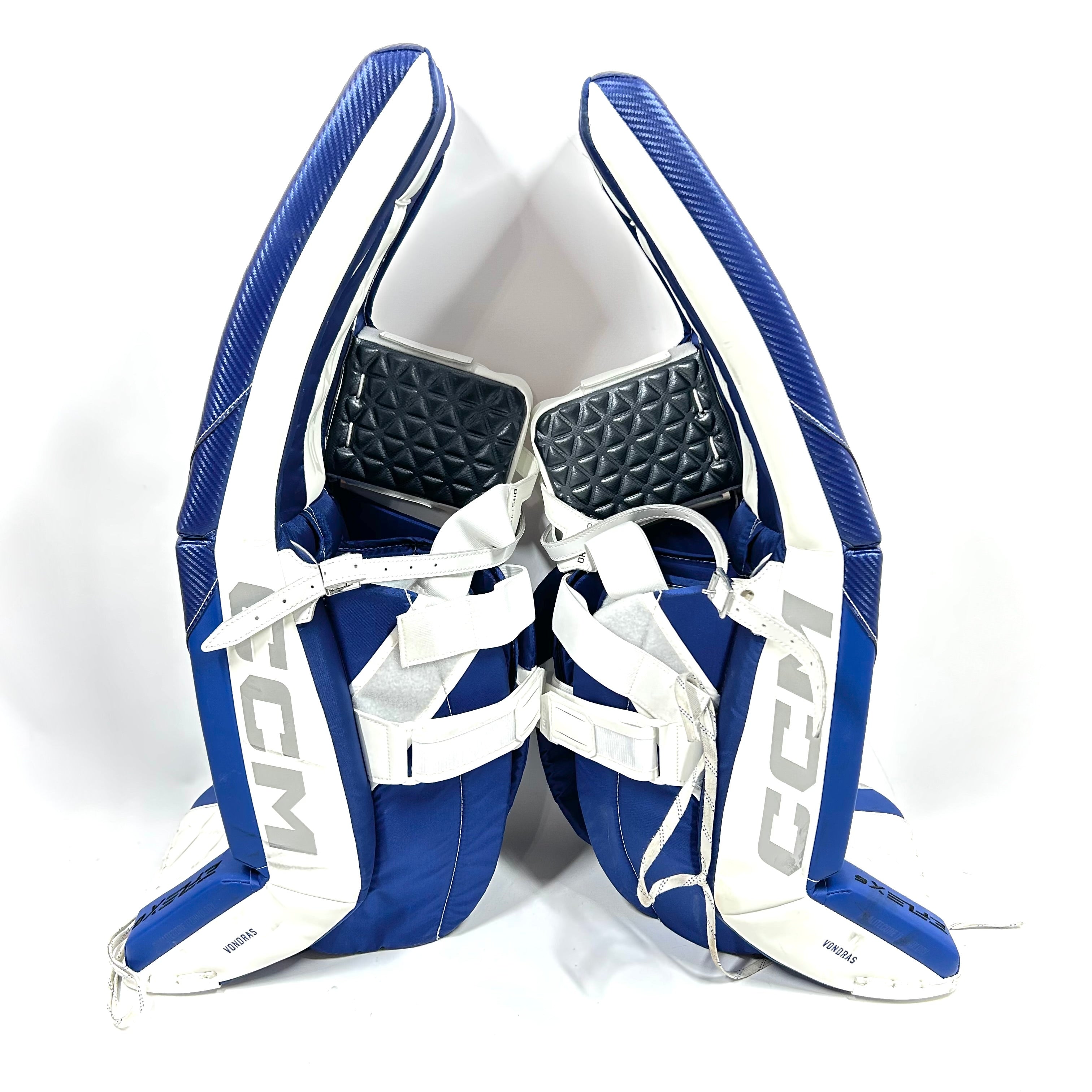 CCM Extreme Flex 6 - Jambières de gardien de but senior CHL Pro Stock d'occasion (blanc/bleu)